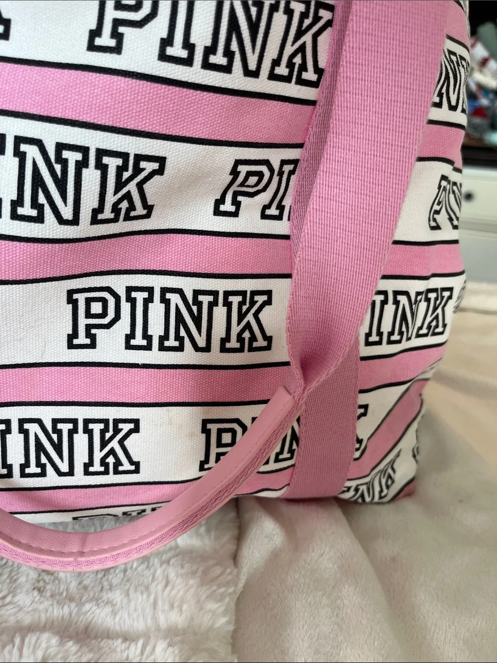 PINK Victoria's Secret Pink & White Logo Stripe Canvas Tote